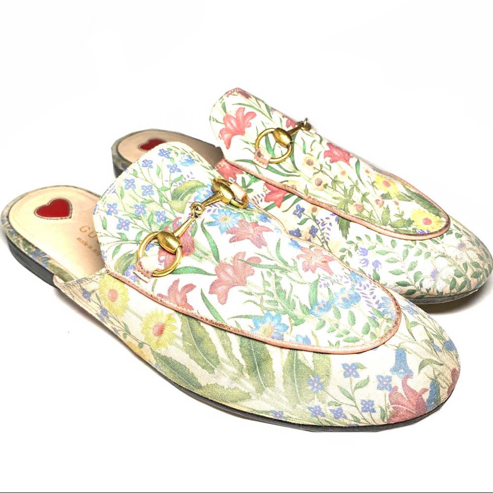 Gucci Floral Horsebit Mule Slides in White with Multicolor Floral Print